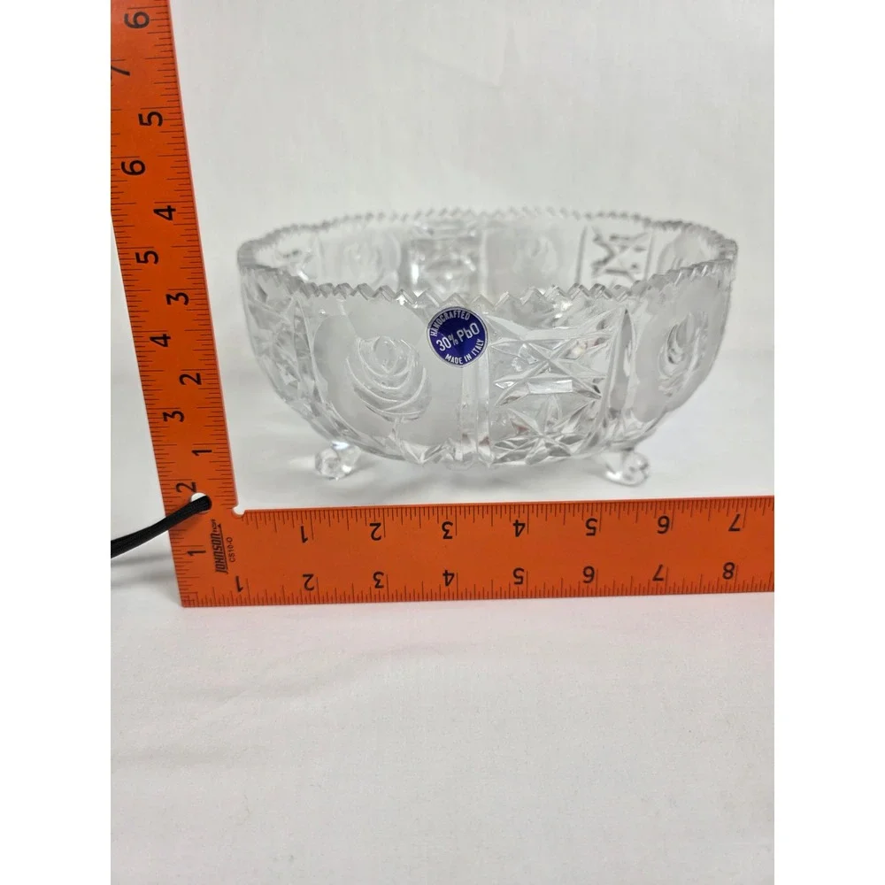 Handcrafted Italian Crystal Bowl 30% PbO Lead Glass Floral Footed‎ Sawtooth Rim